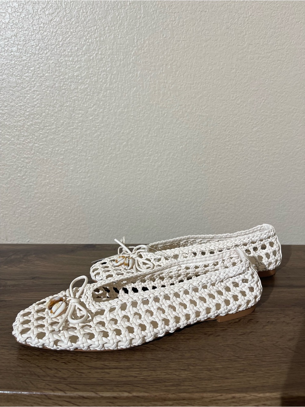 Camila Coelho White Woven Crochet Ballet Flats with Bow